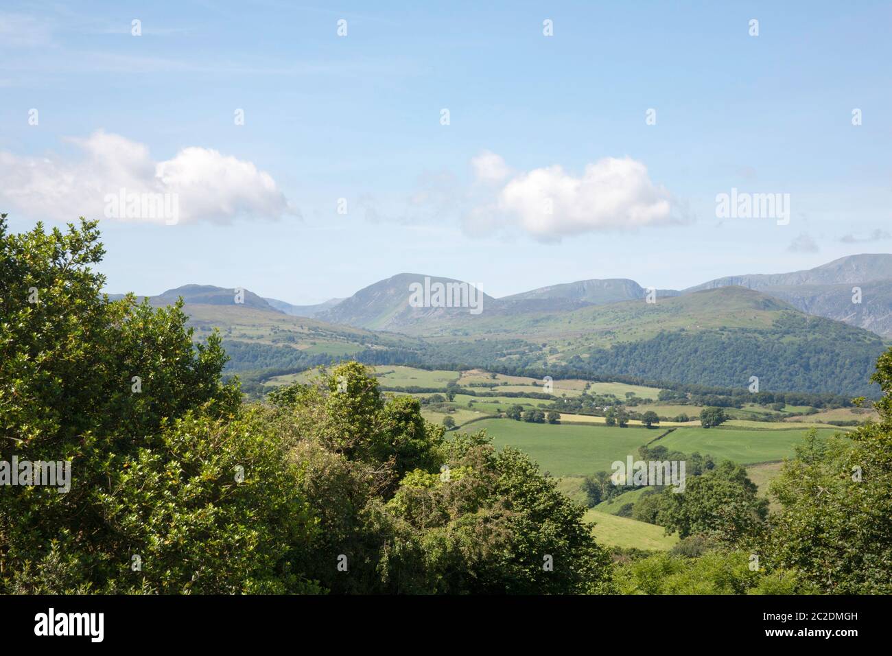Moel Siabod  and  the mountains along the Vale of Conwy Snowdonia on a summer morning near  the village of Eglwysbach Conwy North Wales Stock Photo