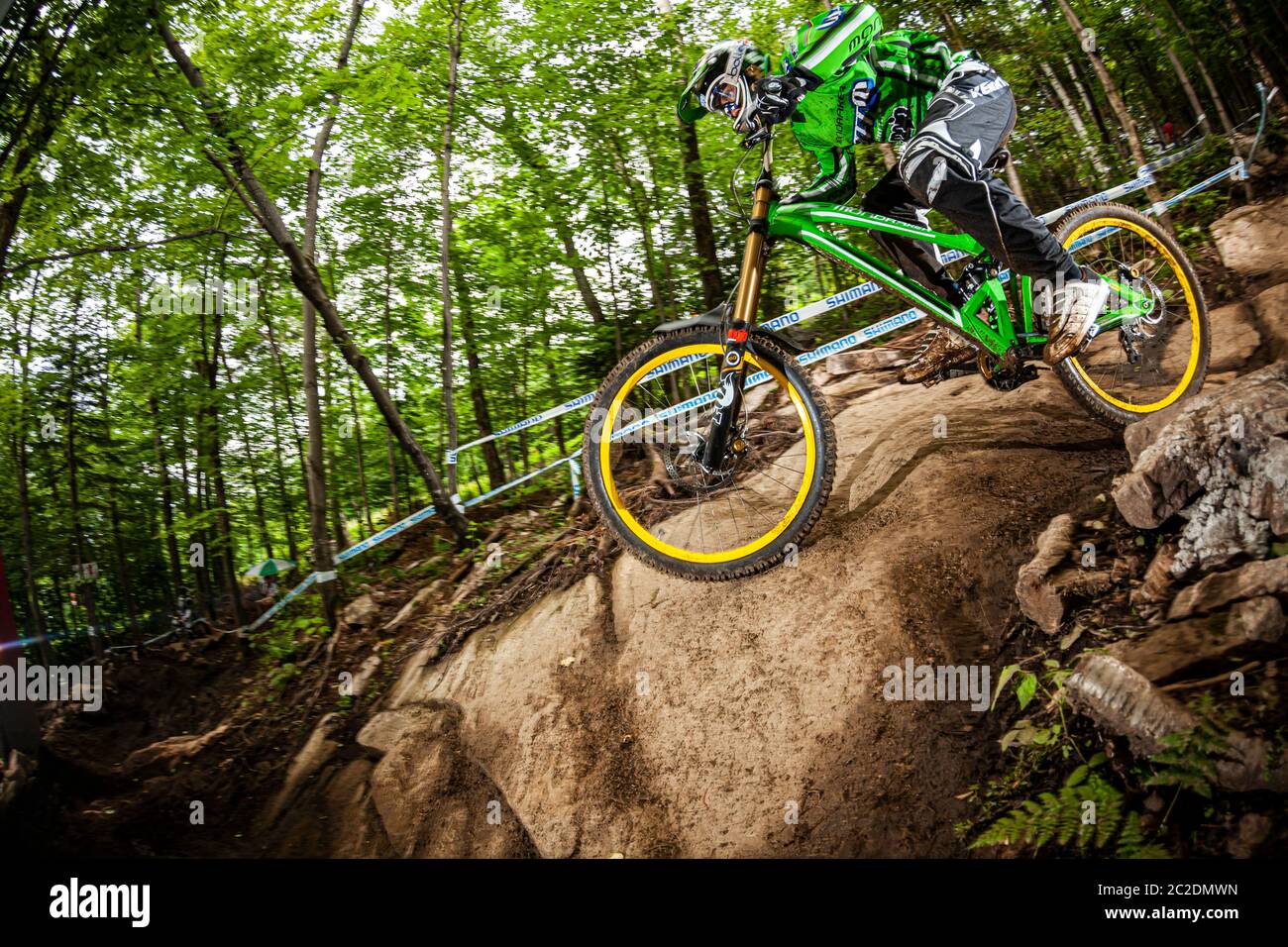 MONT ST ANNE, CANADA - JULY 3, 2011. Fabien Barel (FRA) racing for Team Mondraker at the UCI Downhill Mountain Bike World Cup Stock Photo