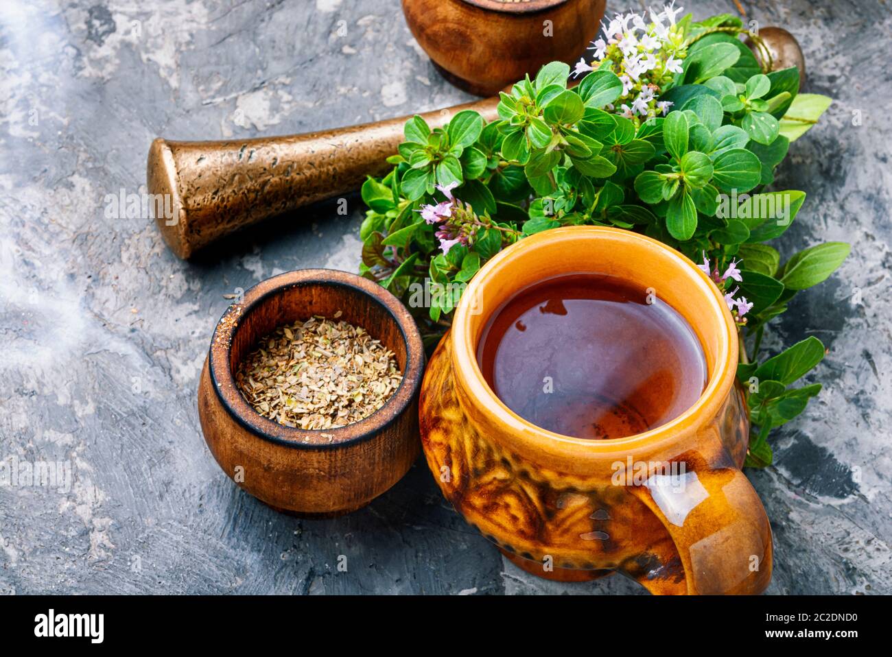 Medicinal tea from marjoram leaves.Herbal tea with oregano Stock Photo