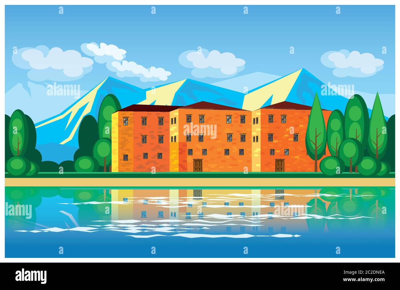 Stylized vector illustration on the theme of the real estate and country houses. European mansion in the mountains, on the waterfront. illustration se Stock Vector