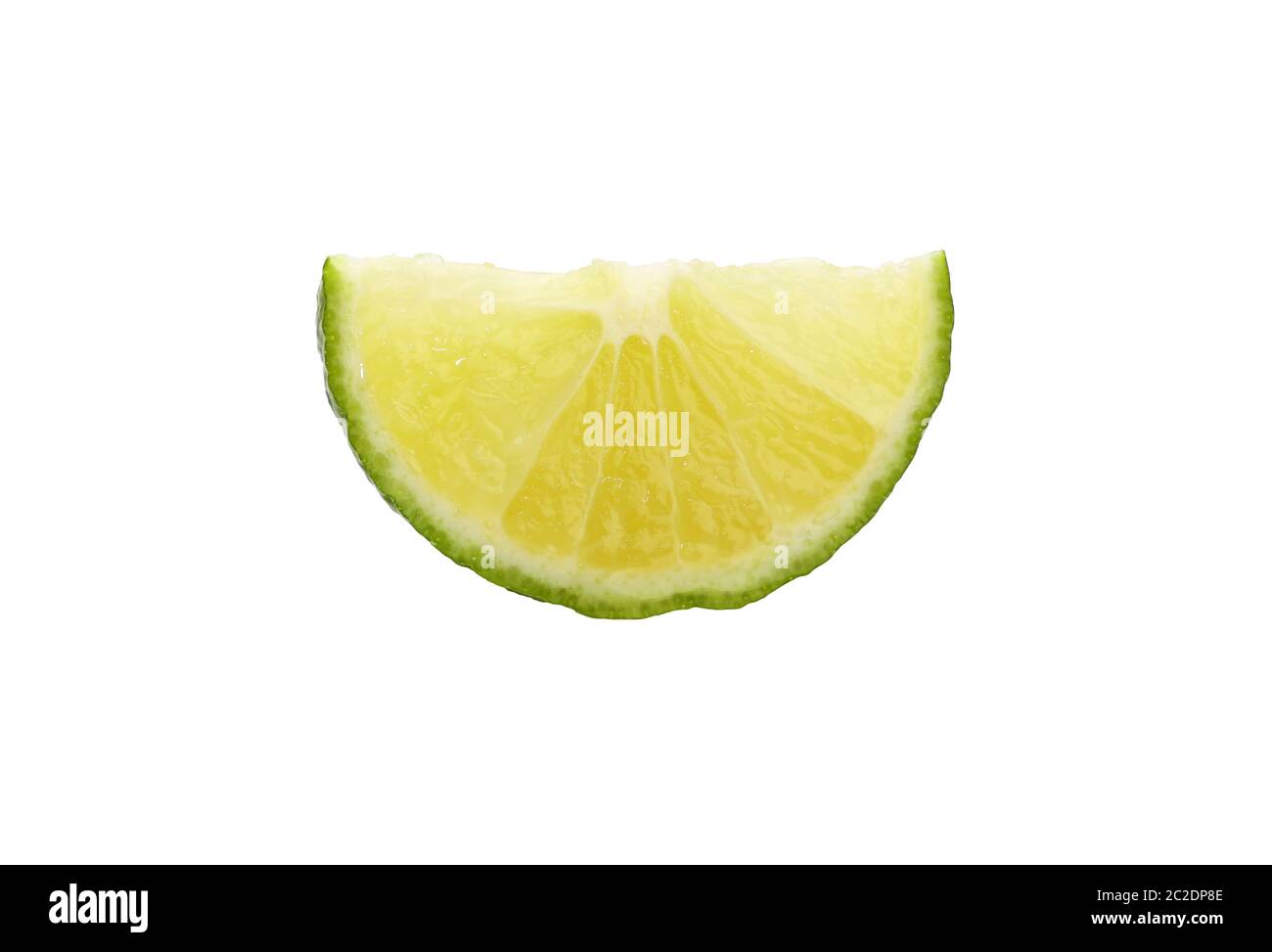 Close up one round thin cut slice of fresh green lime fruit, backlit ...