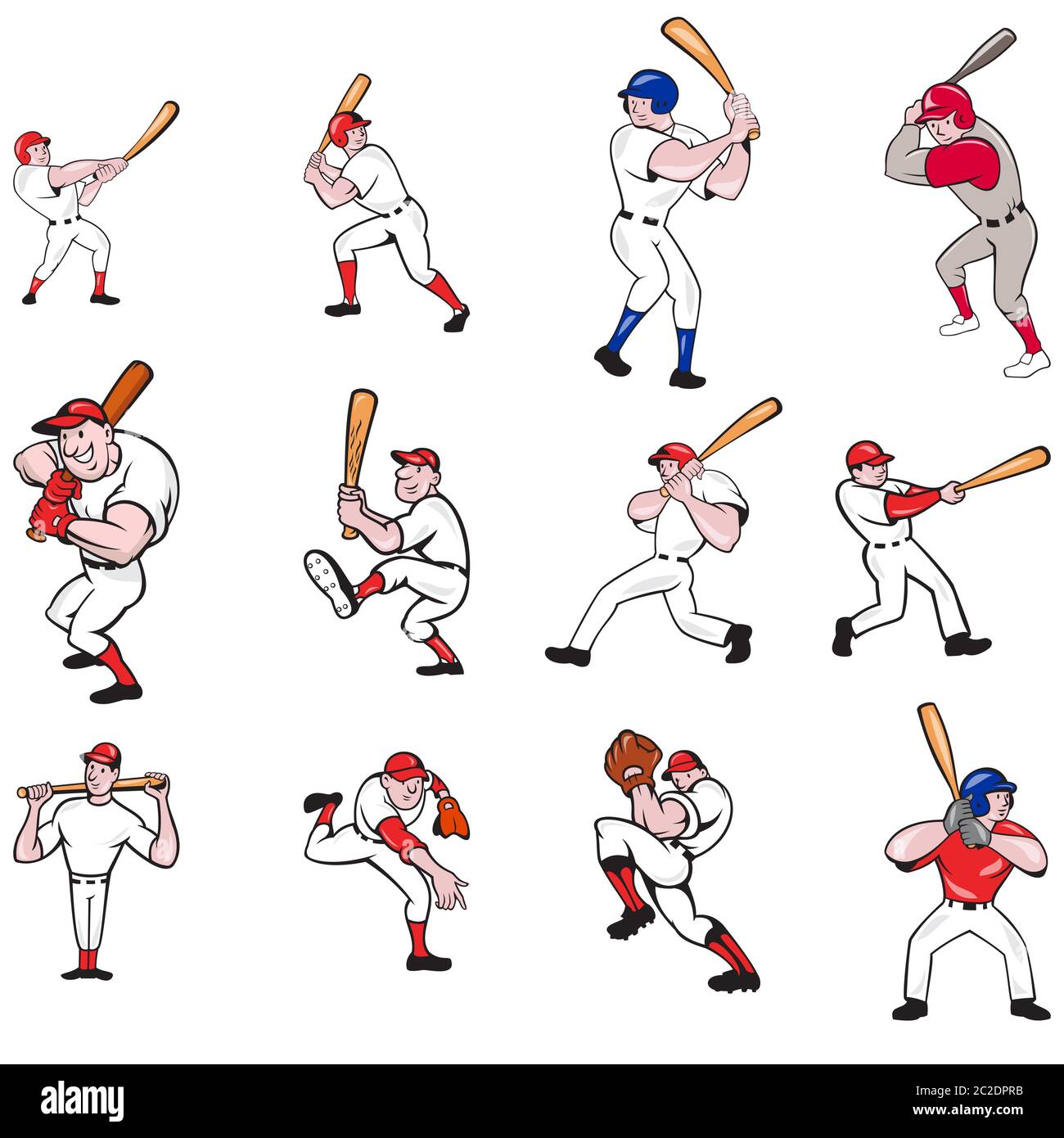 Set or collection illustration of American baseball player, pitcher or batter, batting, pitching or throwing ball cartoon style isolated on white back Stock Photo