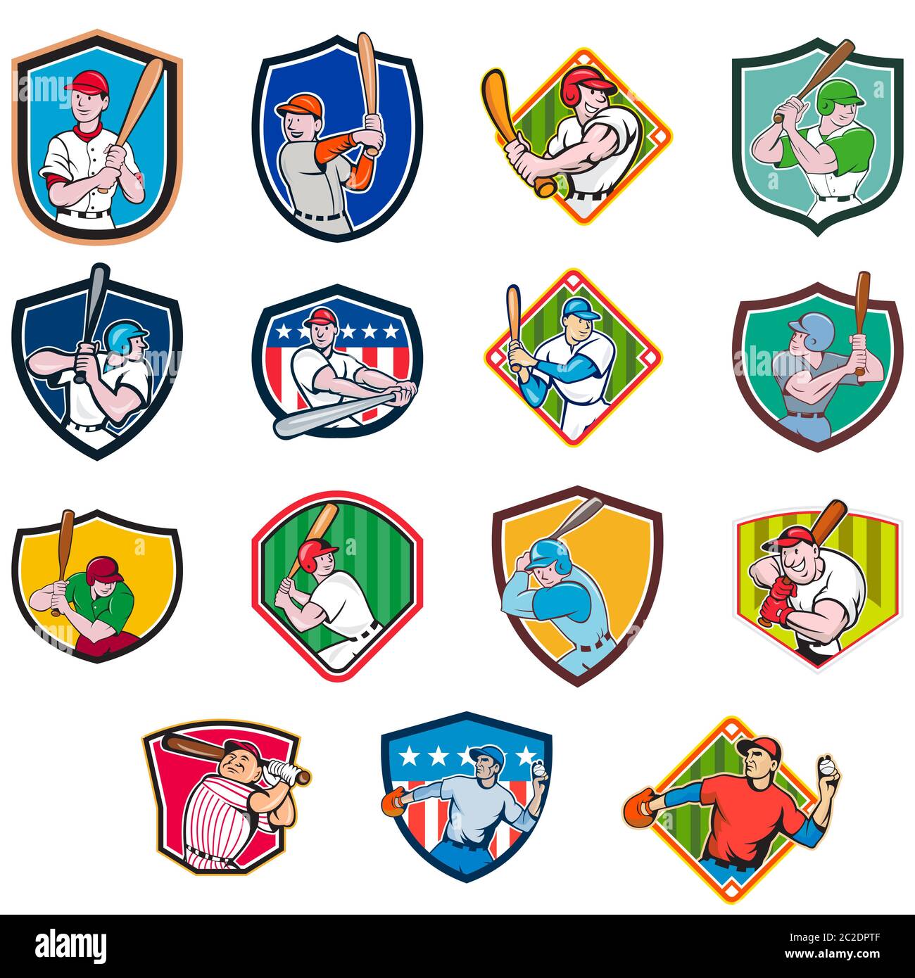 Collection of cartoon icon illustration of American baseball player, pitcher or batter, batting, pitching or throwing ball set inside shield isolated Stock Photo