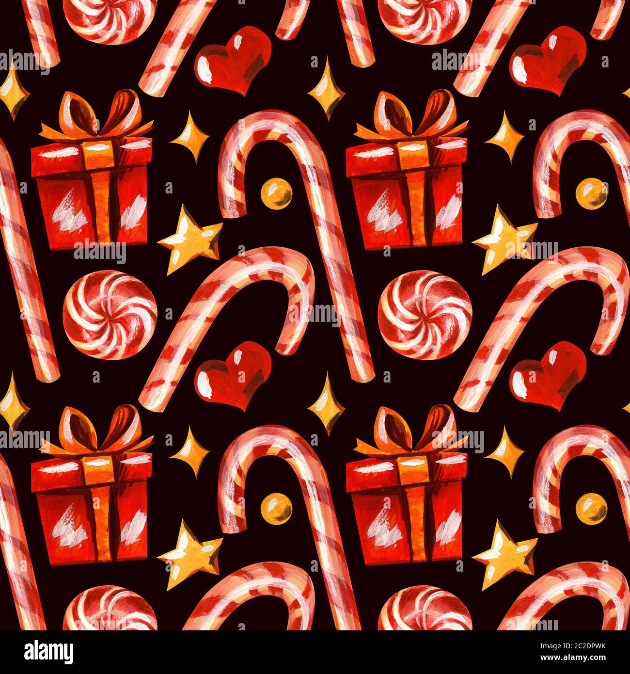 Seamless pattern with christmas sweets. Caramel cane, candy, gold stars ...