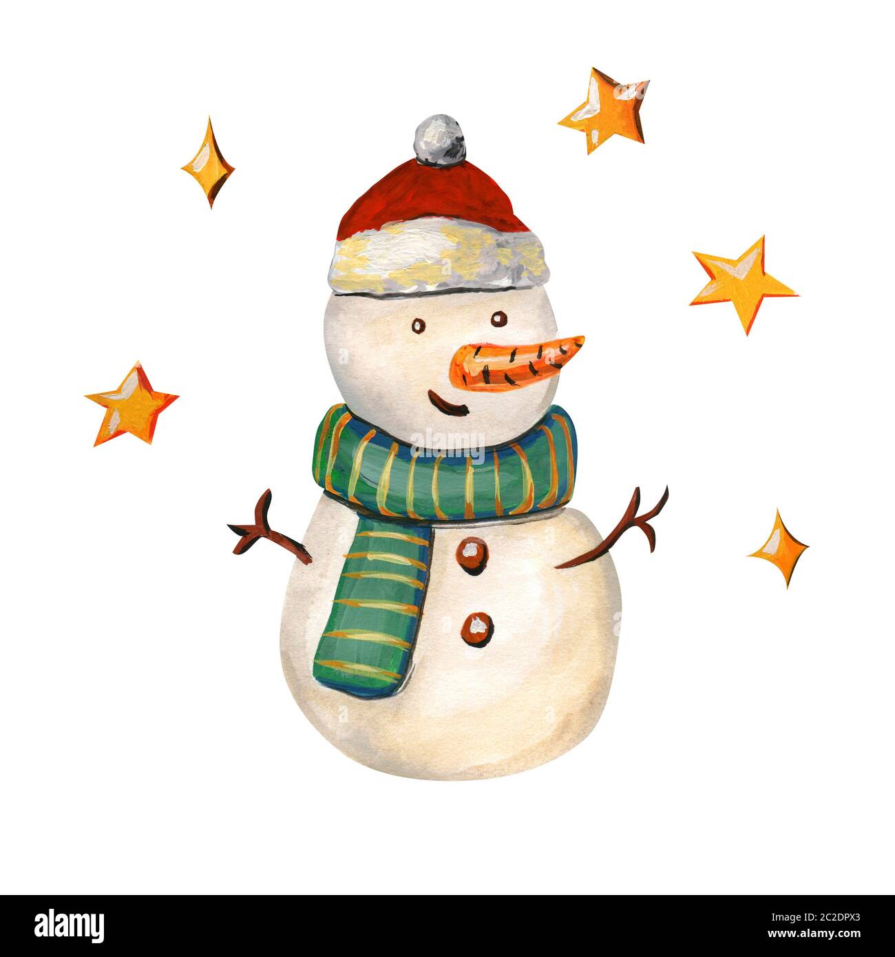 Snowman in a hat of Santa Claus. Merry illustration with a Christmas ...