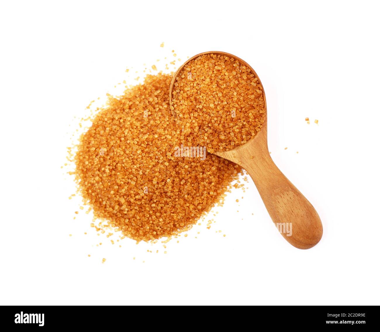 Wooden Scoop Spoon Of Brown Cane Sugar With Pinch Of Sugar Spilled Around Isolated On White Background Top View Stock Photo Alamy