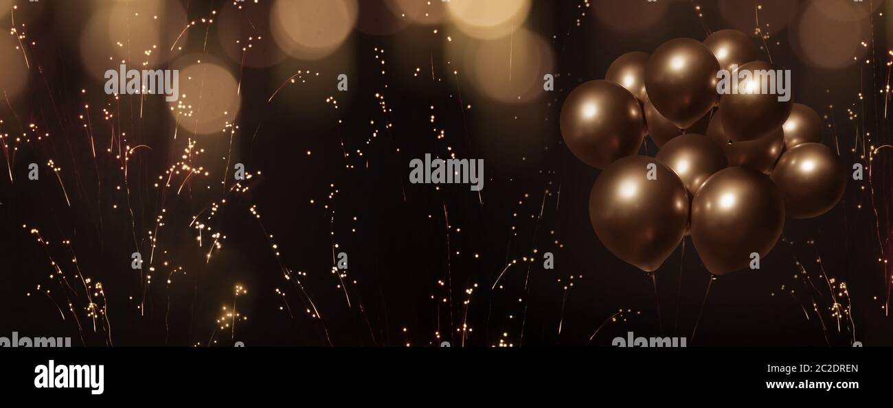 Celebratory bokeh background with laburnum and golden balloons Stock Photo