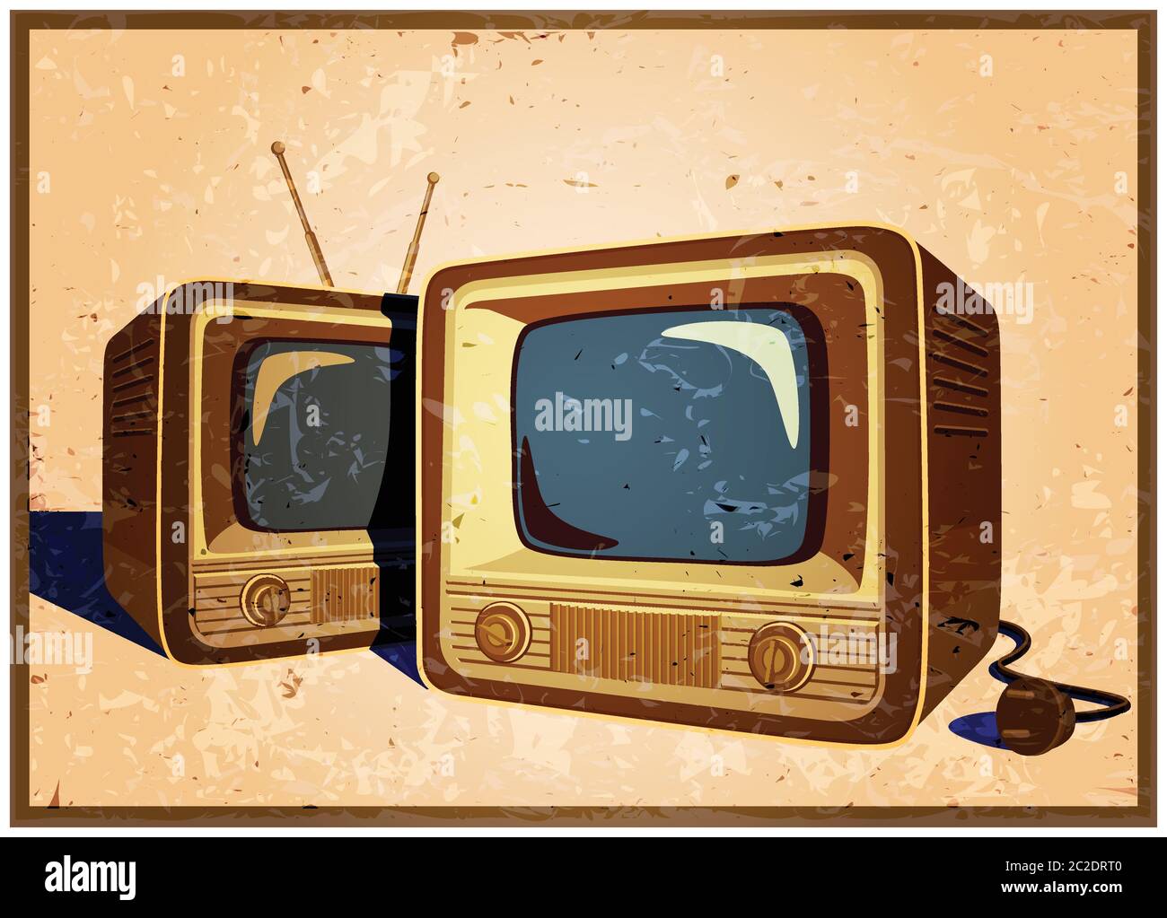 stylized vector illustration of an old poster on the theme of old school electronics, televisions, telecommunications and broadcasting Stock Vector