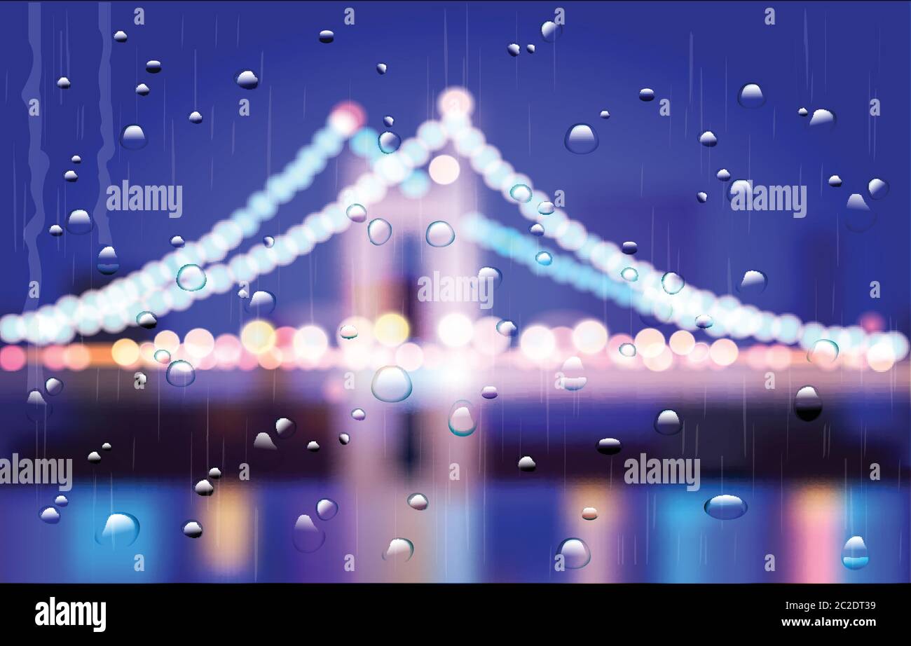 Realistic vector illustration of city bridge in the rain with bokeh. can be used in your design as a background or a part of the composition. layers f Stock Vector