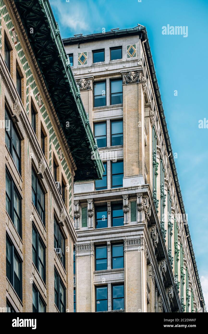 Close view of ornament on the building exterior of American Woolen Building in Gramercy district New York City Stock Photo