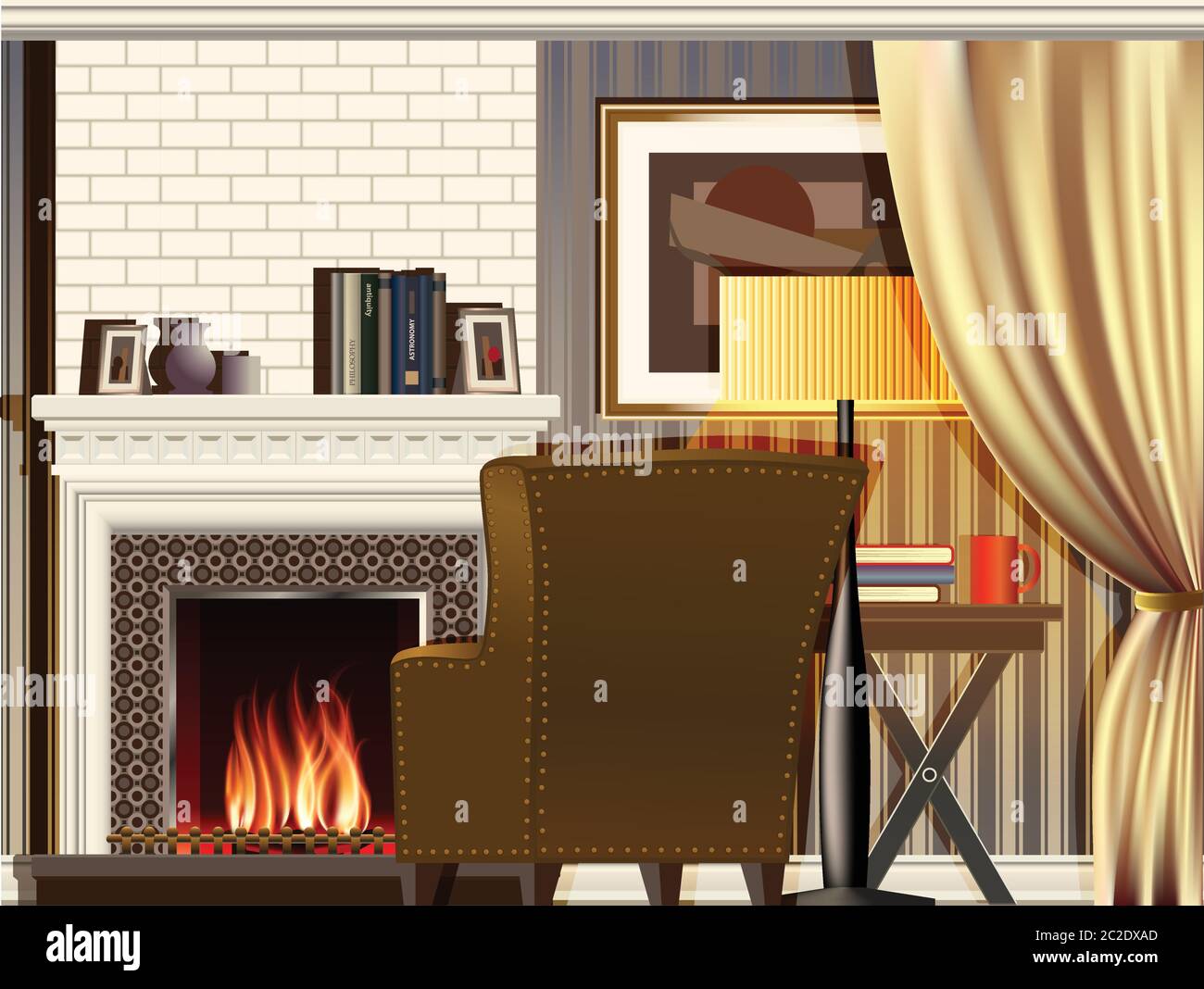 stylized composition on the theme of the room with a fireplace. can be used in your design, advertising, animation etc. file has layers for easy editi Stock Vector