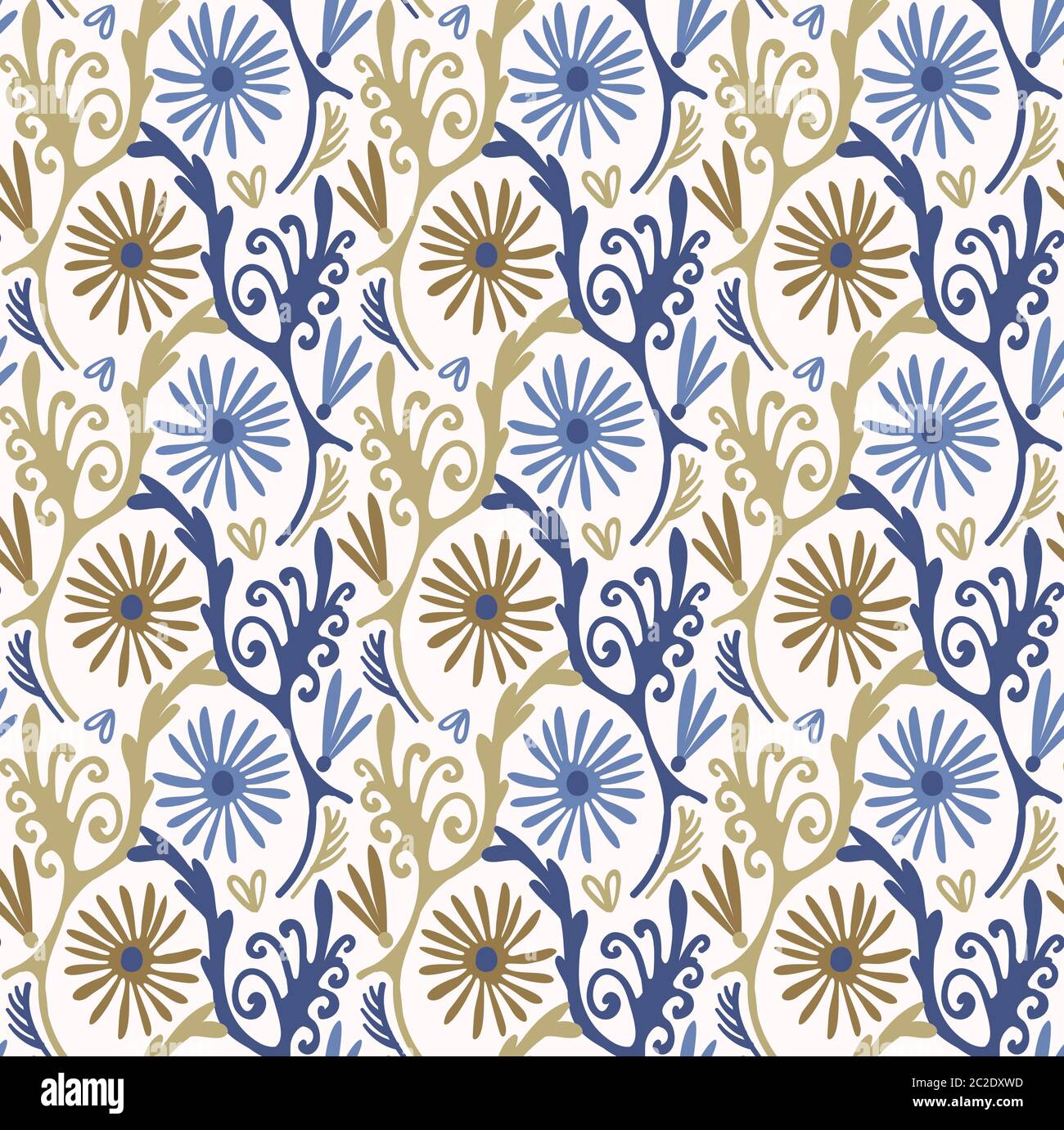 Tiny daisy damask swirl seamless pattern Dense floral fabric textile. Vector daisies hand drawn all over print Stock Vector