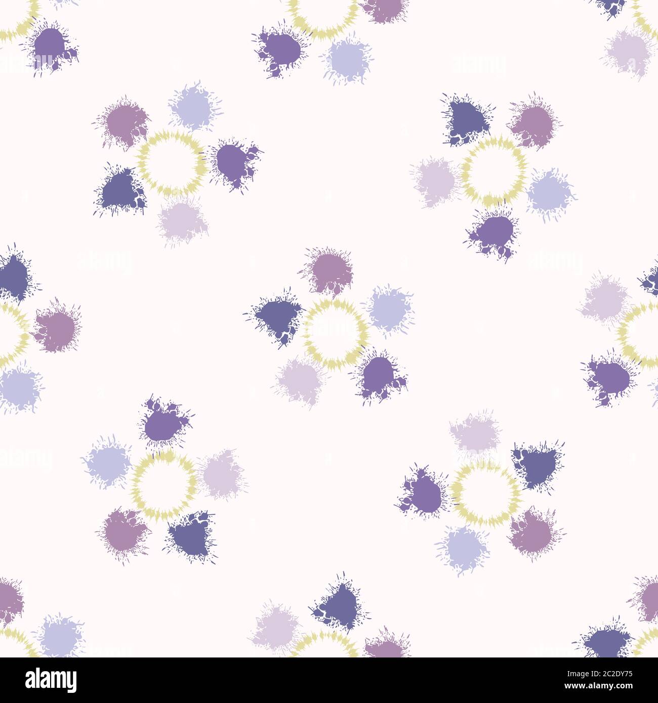 Polka dot painted tie dye daisy bloom background. Seamless pattern on bleached resist white textile. Pastel dyed ink splat batik all over print Stock Vector