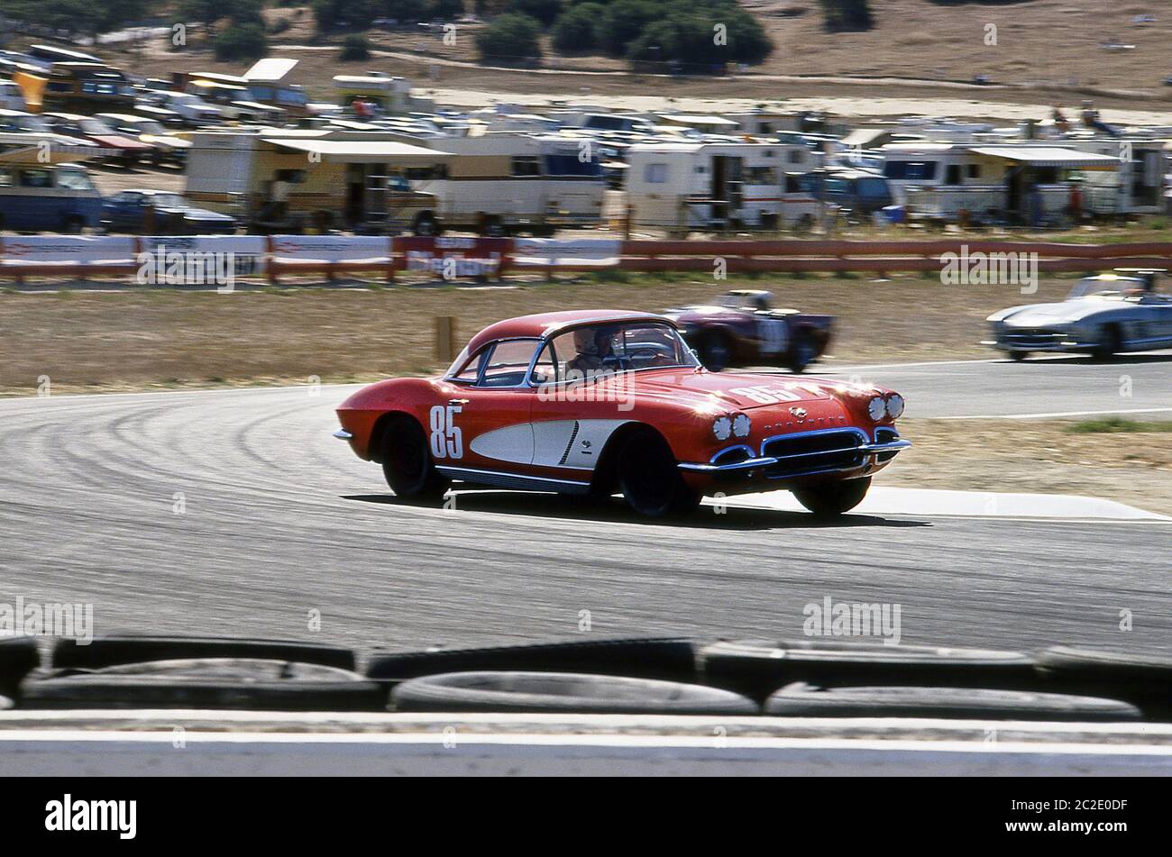 1950's Chevrolet Corvette racing at the 1987 Monterey Historic Automobile Races Laguna Seca California. Stock Photo