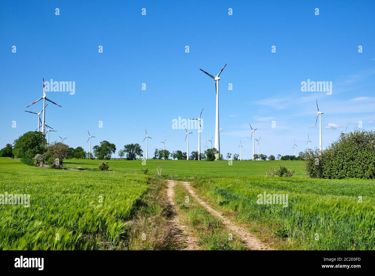 Wind turbines in an agricultural area seen in Germany Stock Photo