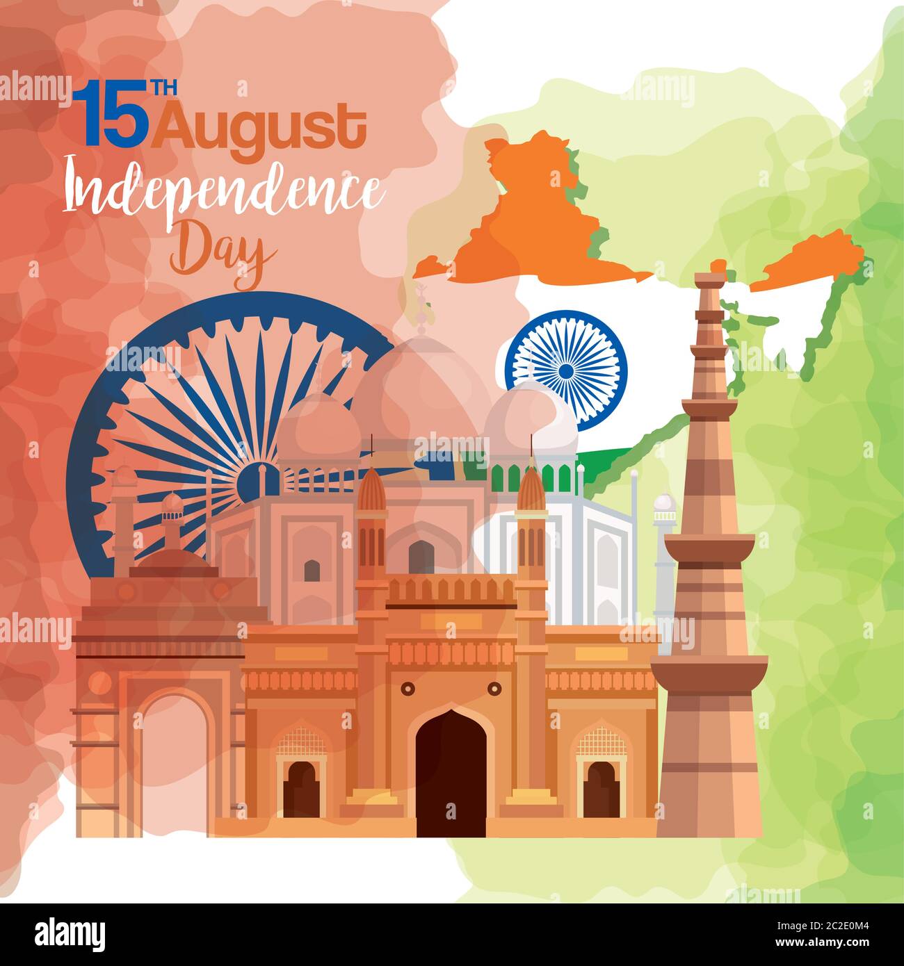 famous monuments of india in background for happy independence day, with map of india and ashoka wheel Stock Vector