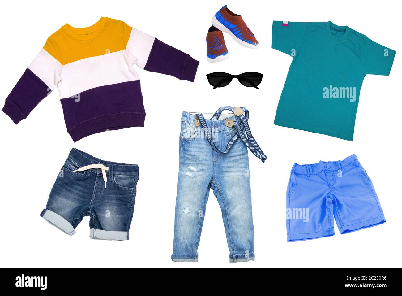 Collage set of children clothes. Denim jeans or pants, short jeans, a pair shoes , blue short pants, shirt and a sweater for child boy isolated on a white background. Concept spring autumn and summer clothes. Stock Photo