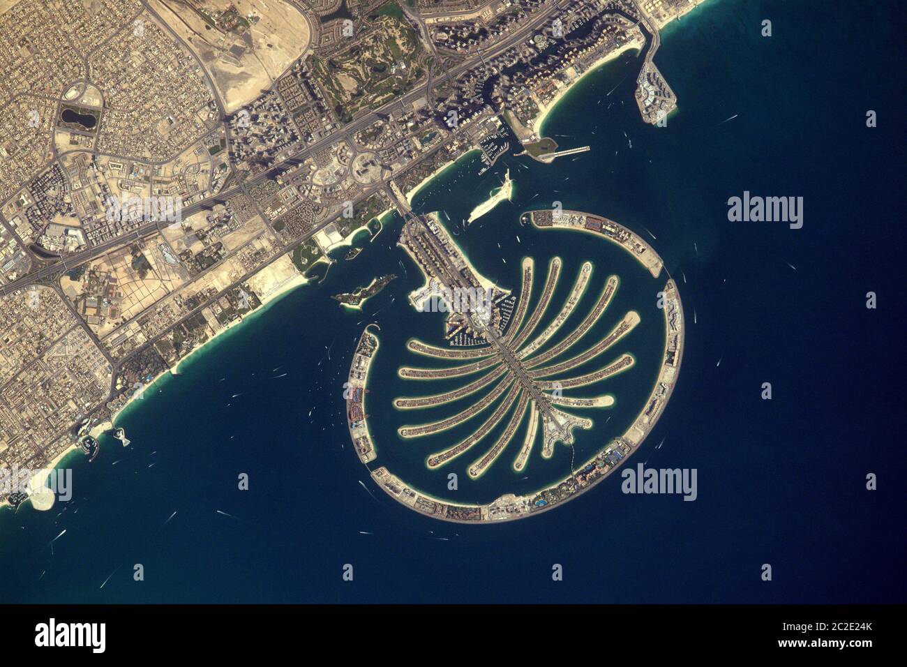 PALM ISLAND, DUBAI, UAE - 28 April 2017 - French astronaut Thomas Pesquet took this remarkable image of Palm Island Dubai United Arab Emirates during Stock Photo
