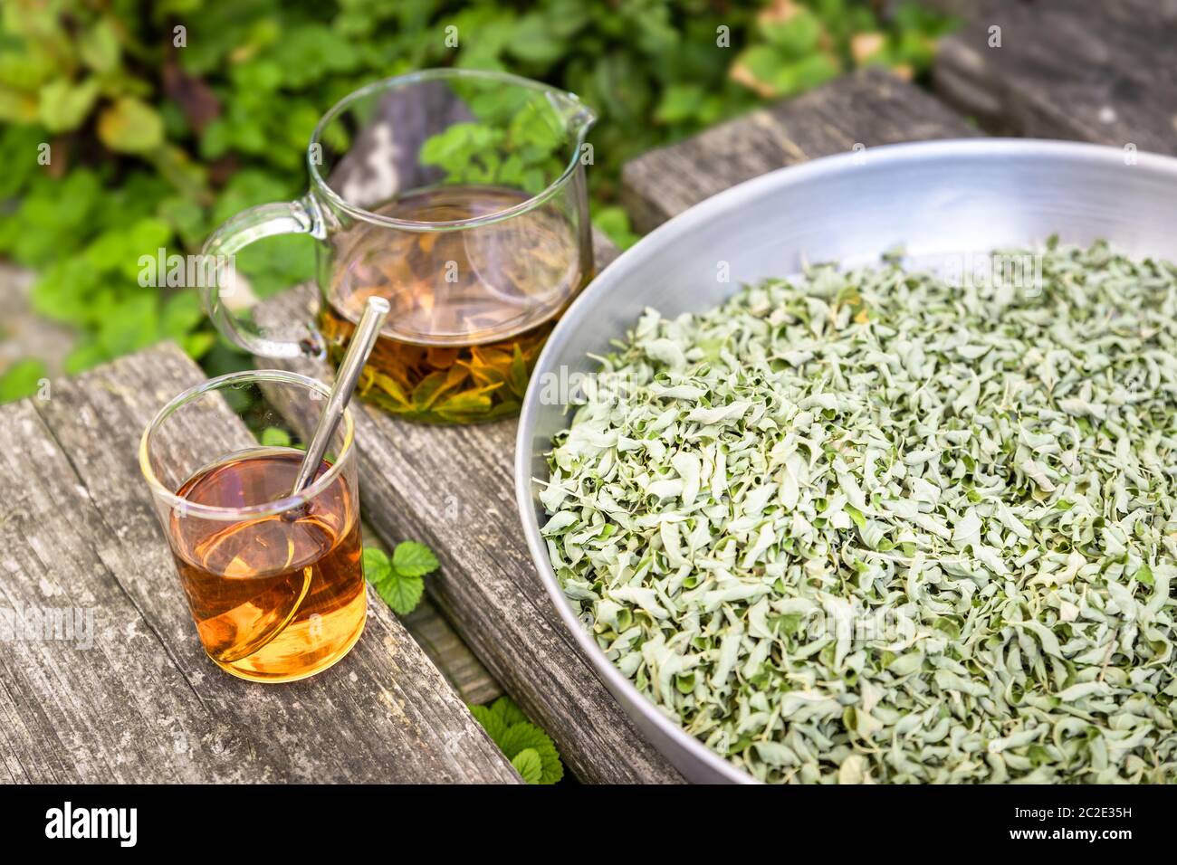 verbena tea on old wooden planks Stock Photo