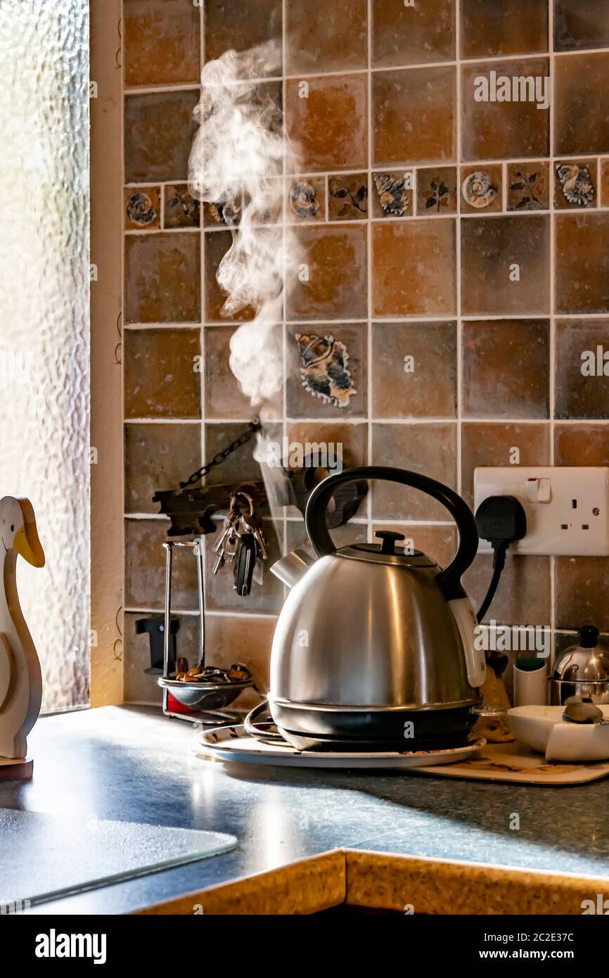 Alimium kettle just boiled, steam rising with backlit from a open