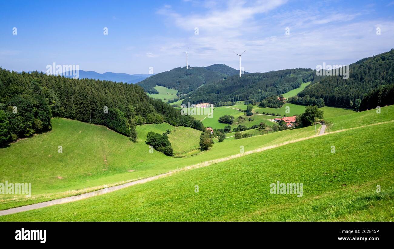 landscape with wind energy in the black forest area Germany Stock Photo