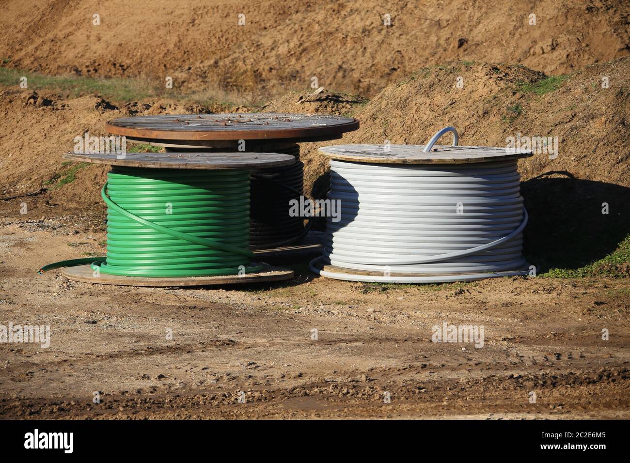 Various cable drums on a construction site Stock Photo Alamy
