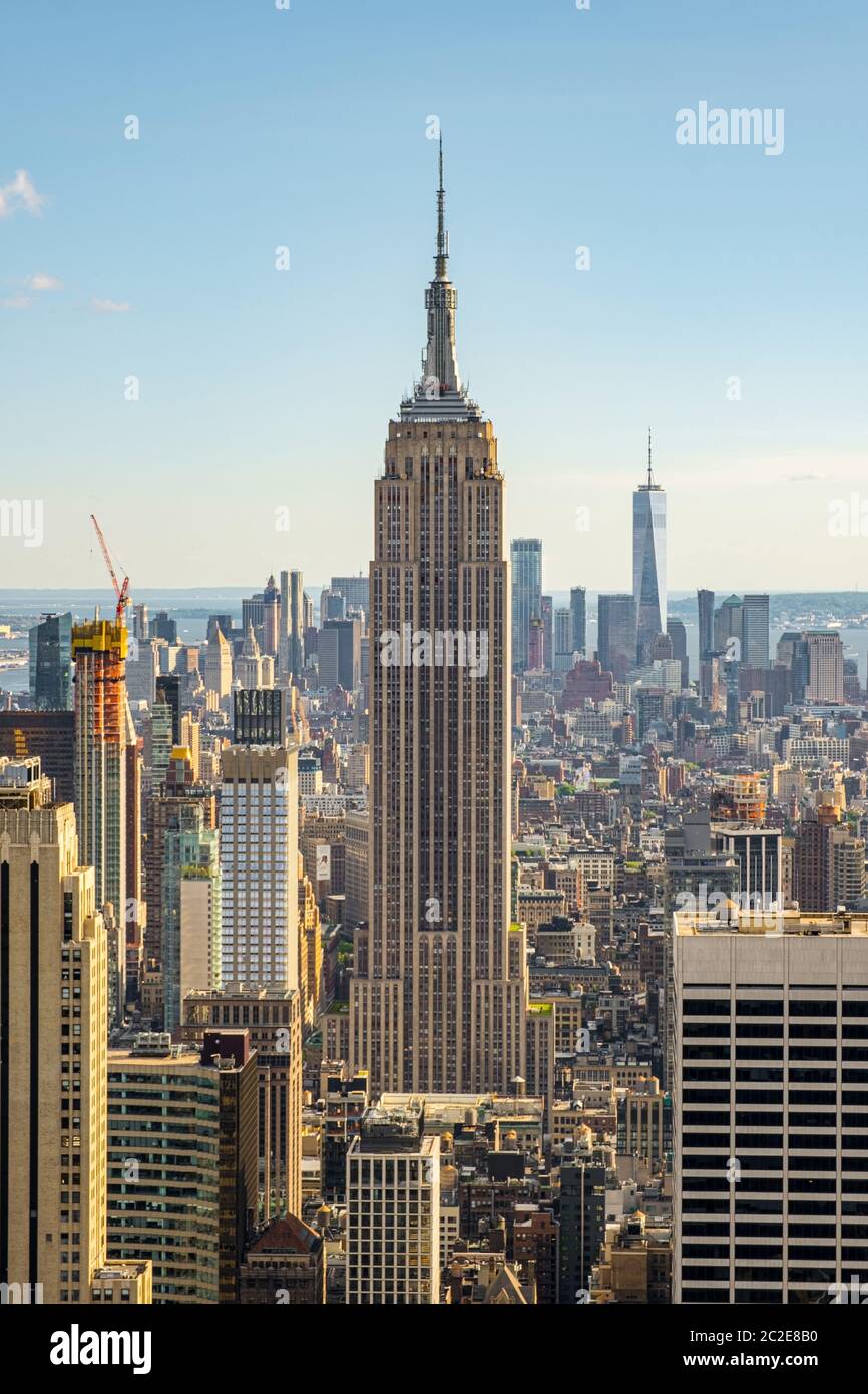 Empire State Building and downtown skyscrapers of New York cityscape view from rooftop