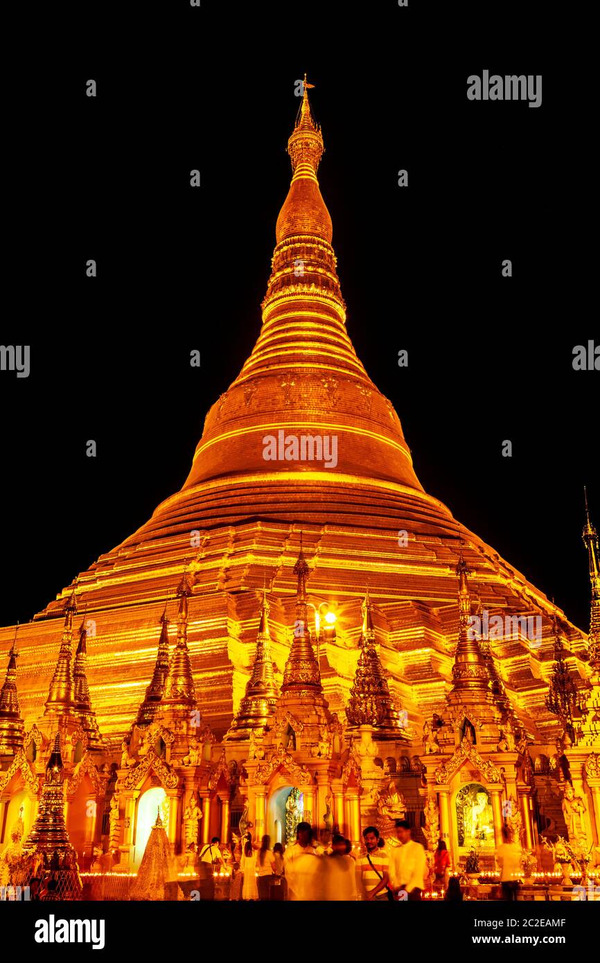 The Shwedagon Pagoda at Night, Yangon, Myanmar. Stock Photo