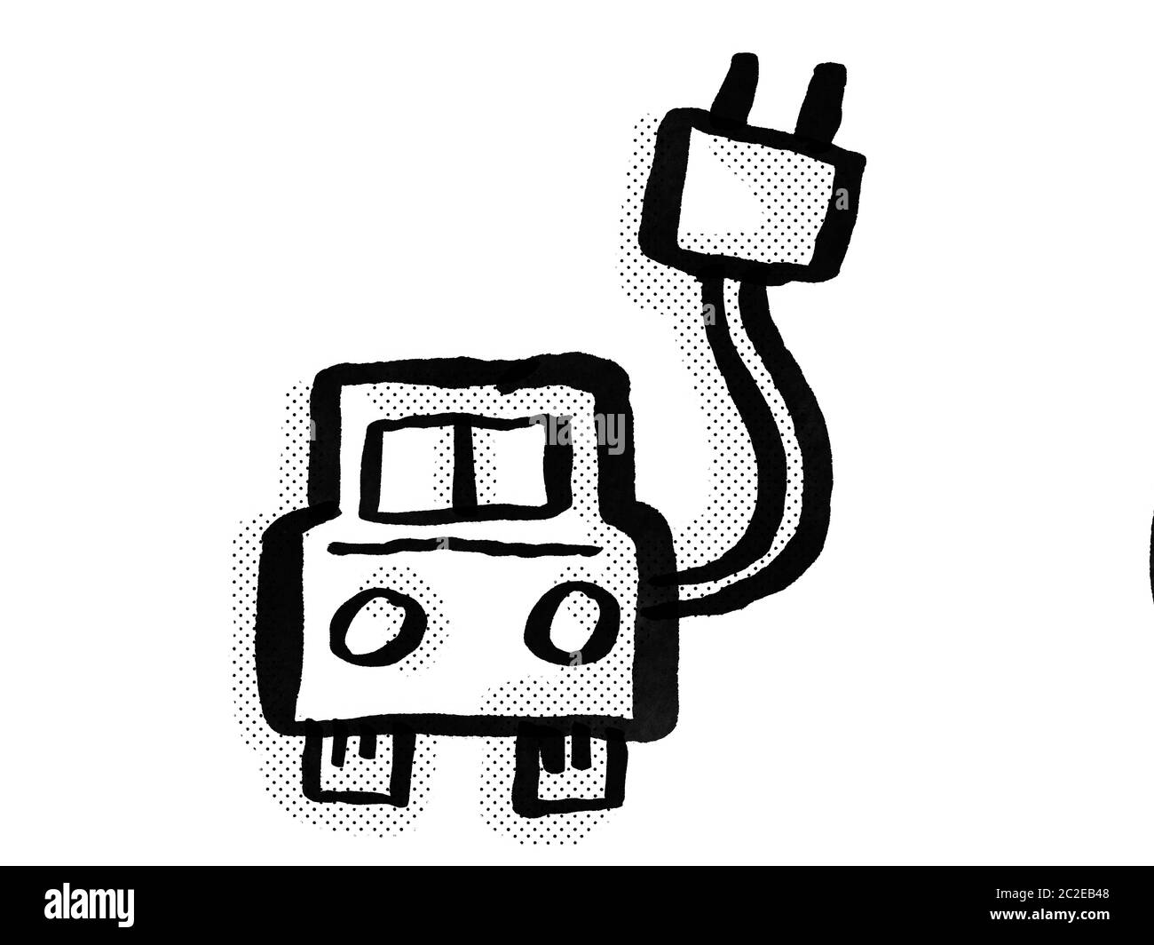 Retro cartoon style drawing of an electric vehicle (EV) charging station icon or symbol on isolated white background done in black and white Stock Photo