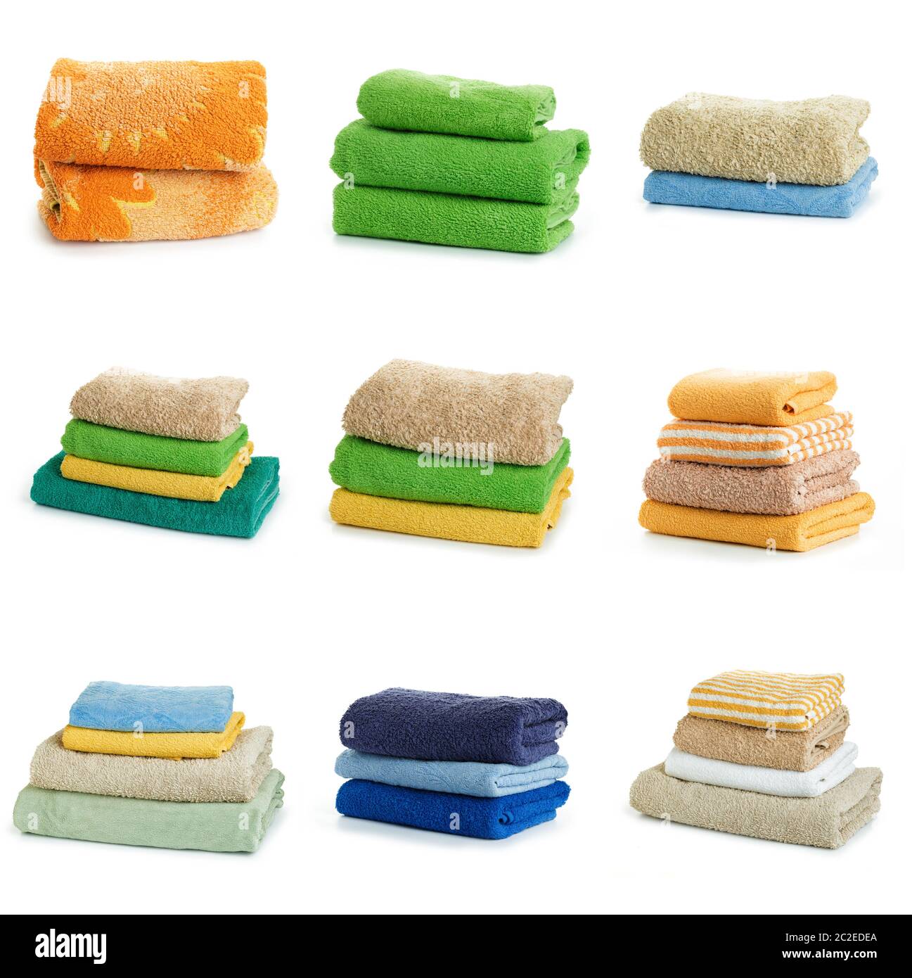 Multicolored towels isolated on a white background Stock Photo