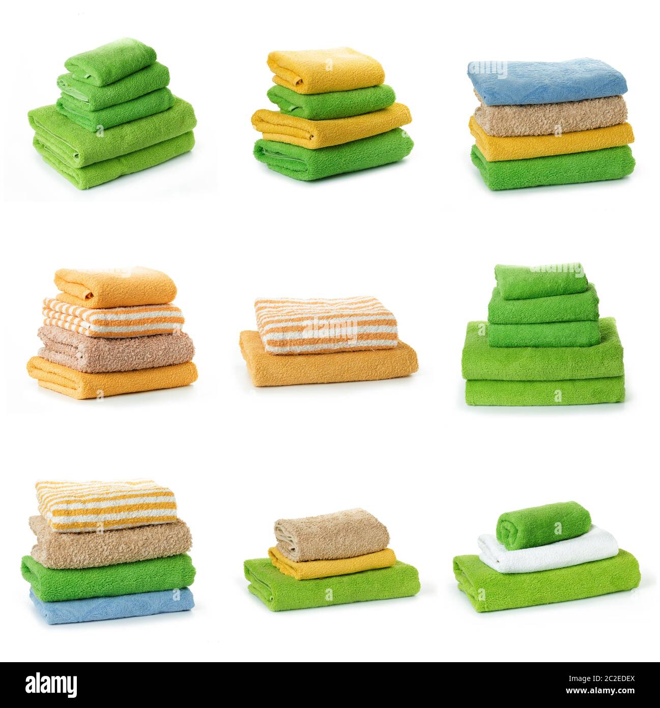 Multicolored towels isolated on a white background Stock Photo