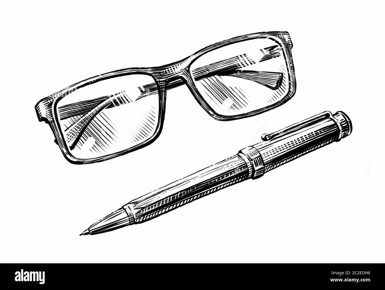 Hand-drawn sketch glasses and pen. Business, education retro vintage illustration Stock Photo