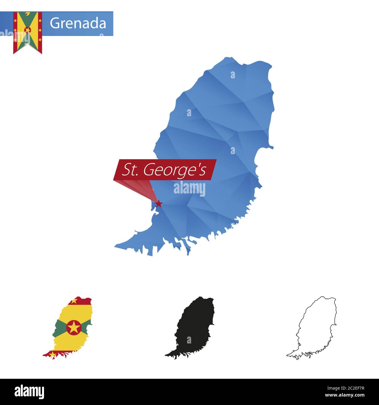Grenada blue Low Poly map with capital St. George's, versions with flag, black and outline. Vector Illustration. Stock Vector