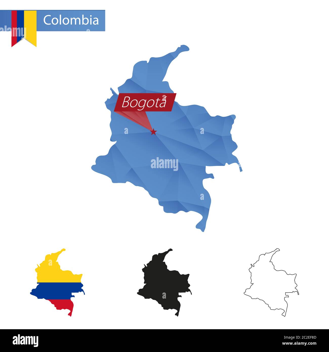 Colombia blue Low Poly map with capital Bogota, versions with flag, black and outline. Vector Illustration. Stock Vector