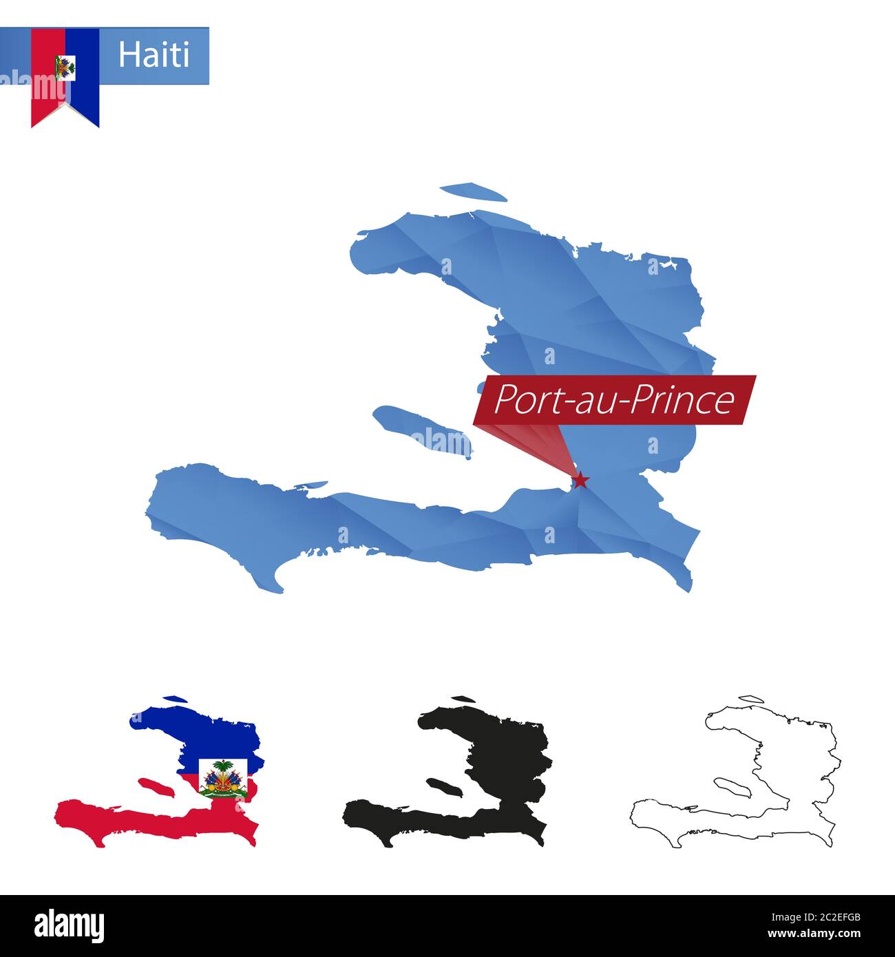 Haiti blue Low Poly map with capital PortauPrince, versions with flag, black and outline