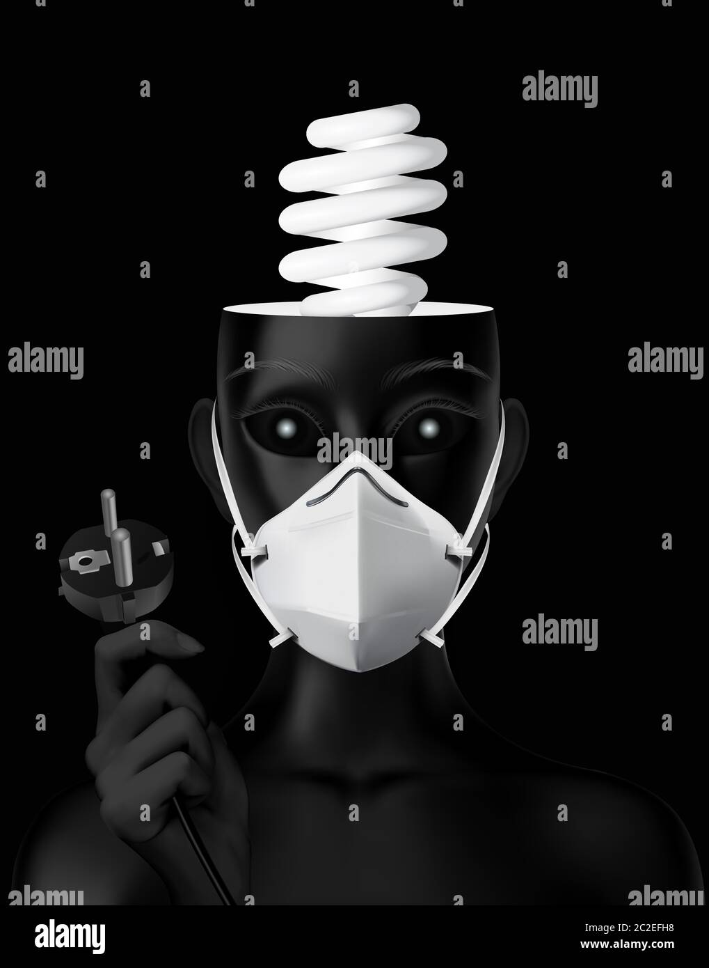 Realistic human head in medical mask with switched off bulb in the head