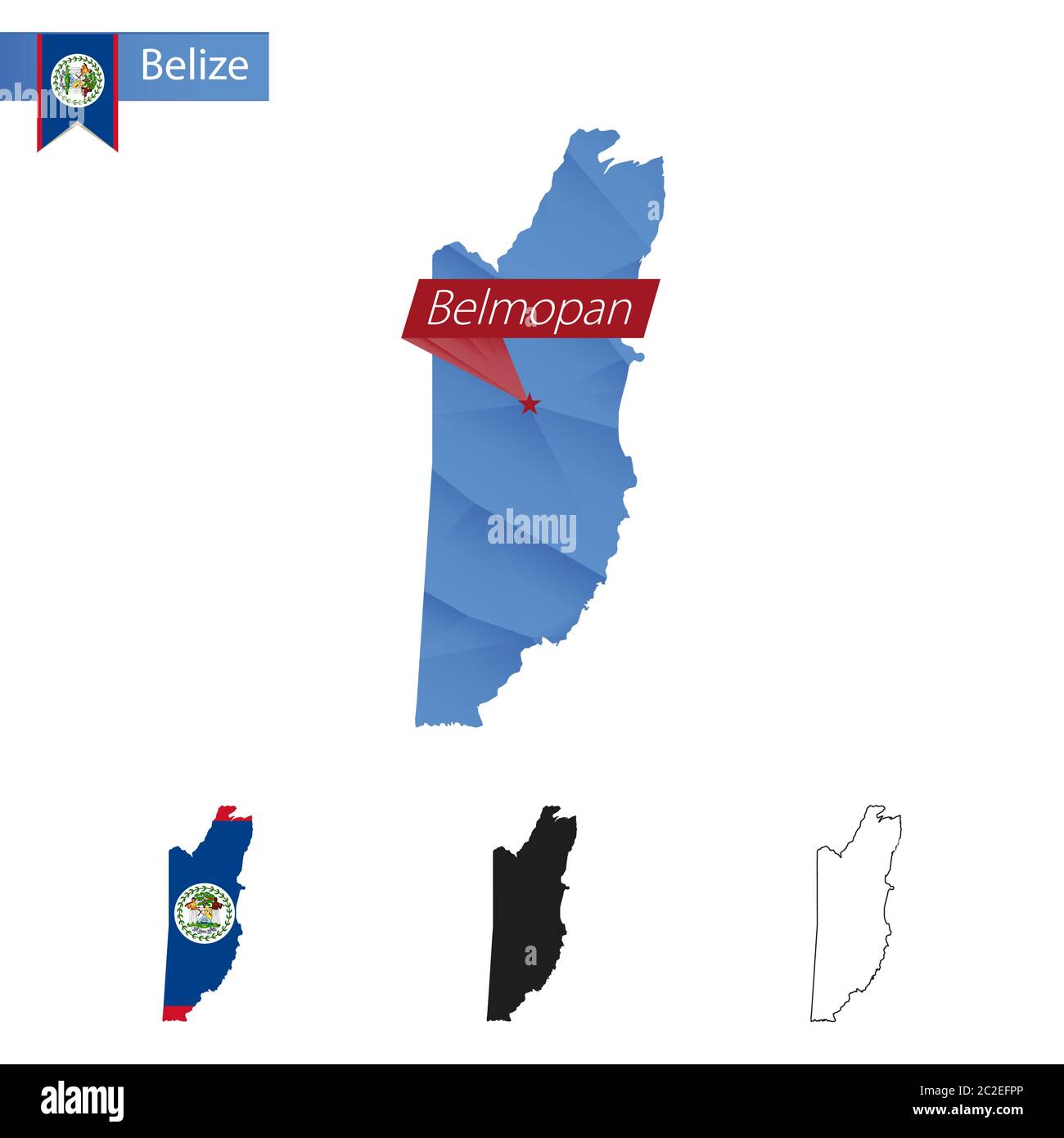 Belize blue Low Poly map with capital Belmopan, versions with flag, black and outline. Vector Illustration. Stock Vector