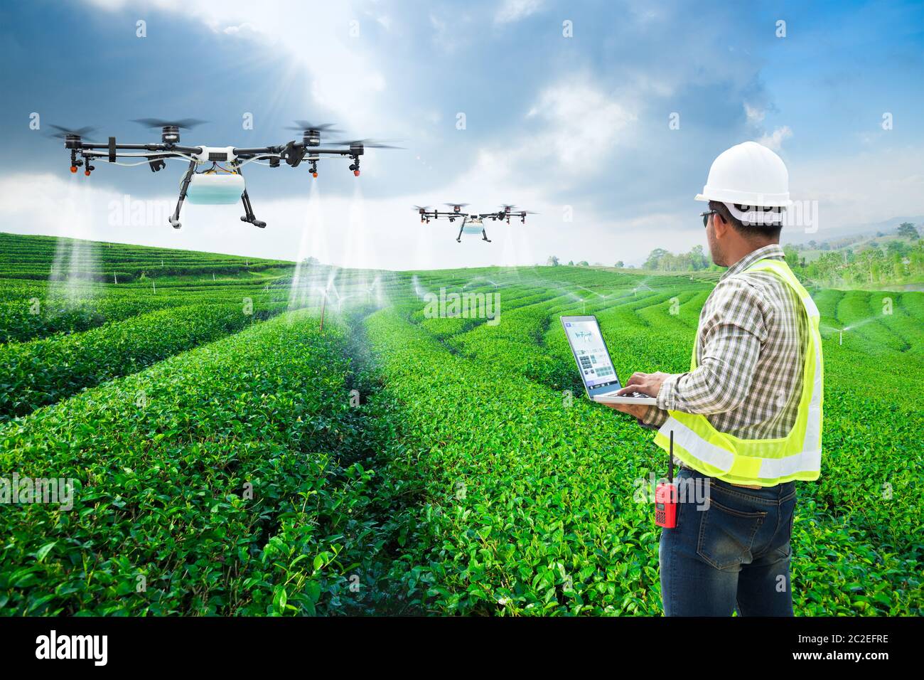 Technician farmer use wifi computer control agriculture drone fly to ...