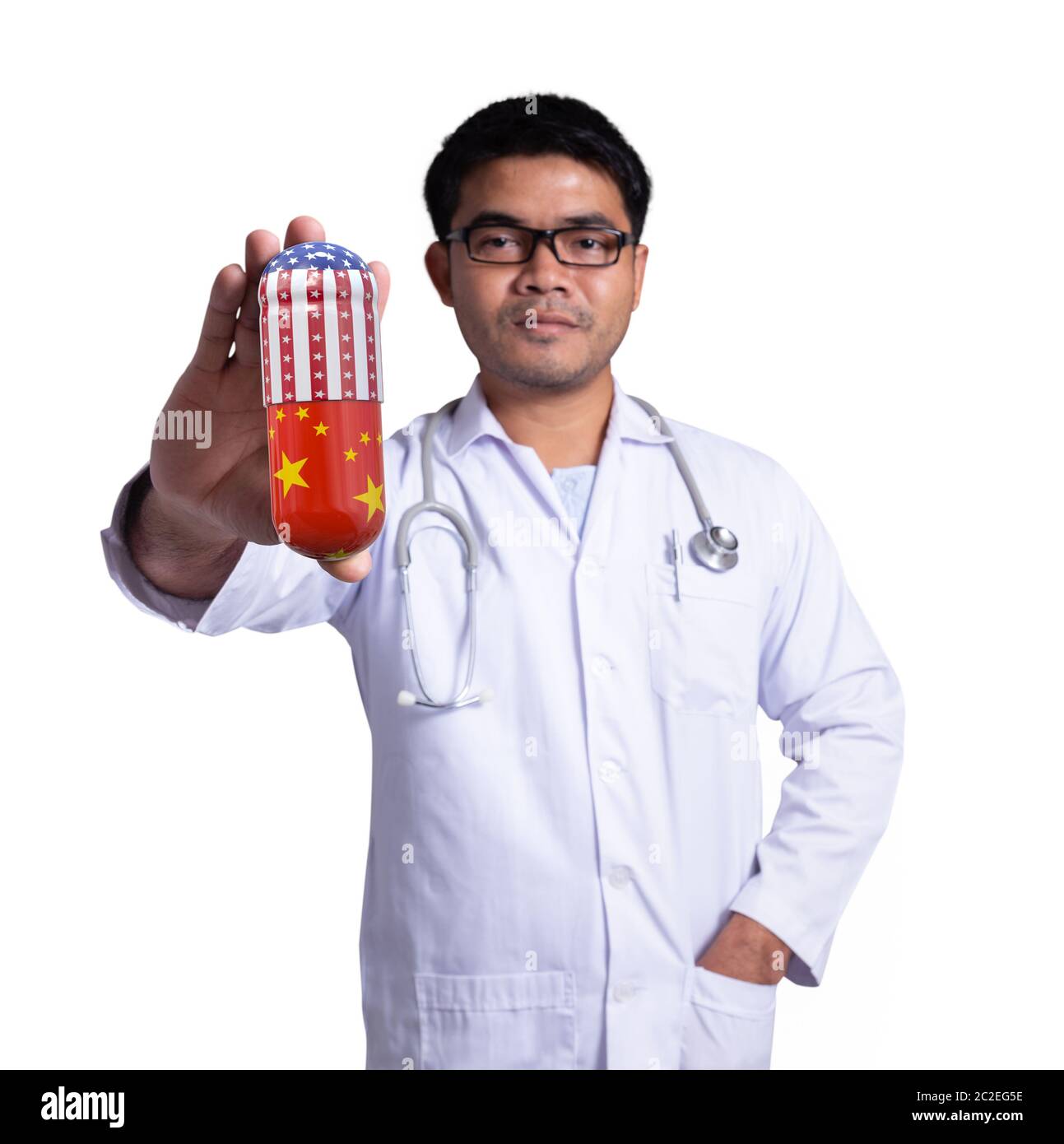 Doctor showing mockup of medicine capsules for treatment Covid-19 infectious disea drug invented by America and China, Medical concept Stock Photo