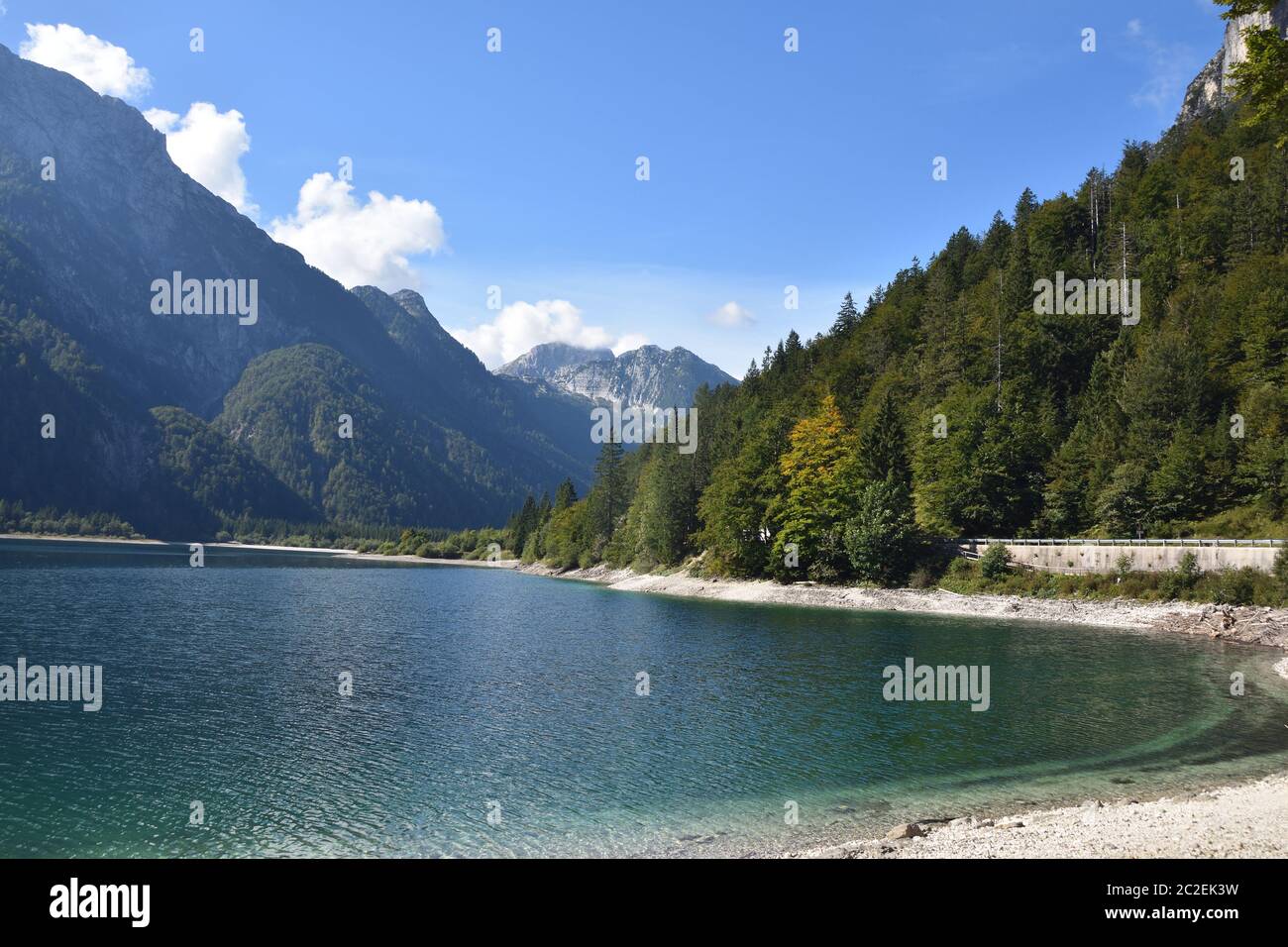 Panoramic view of Predil Lake in Italy near Austrian Border and Tarvisio Town Stock Photo