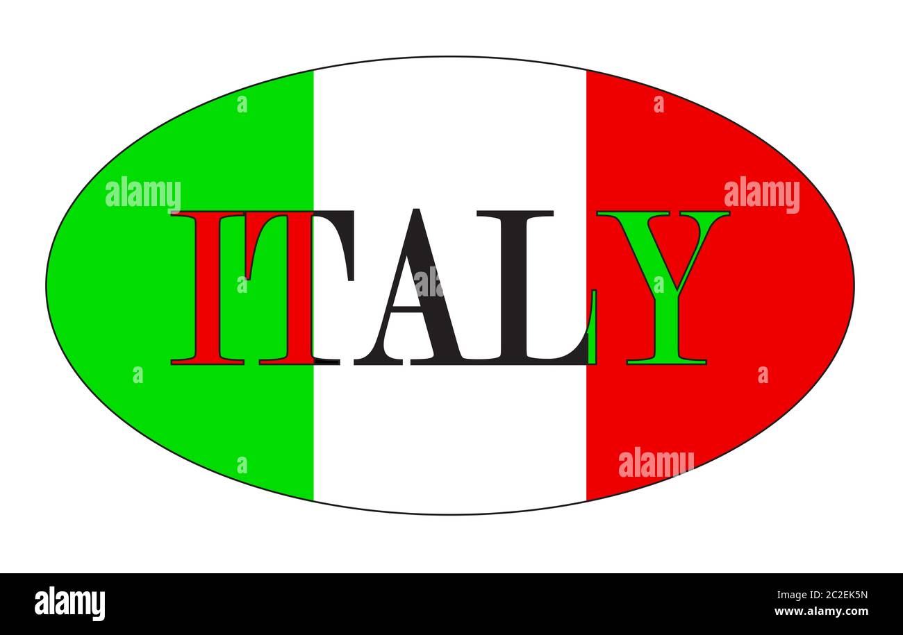 An oval rugby ball shape with the text Italy and colours of the