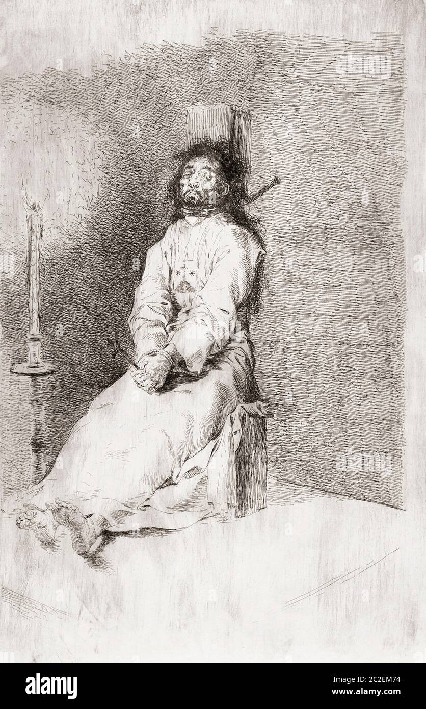 The Garrotted Man - El agarrotado.  Etching by Francisco Goya, circa 1780. Stock Photo