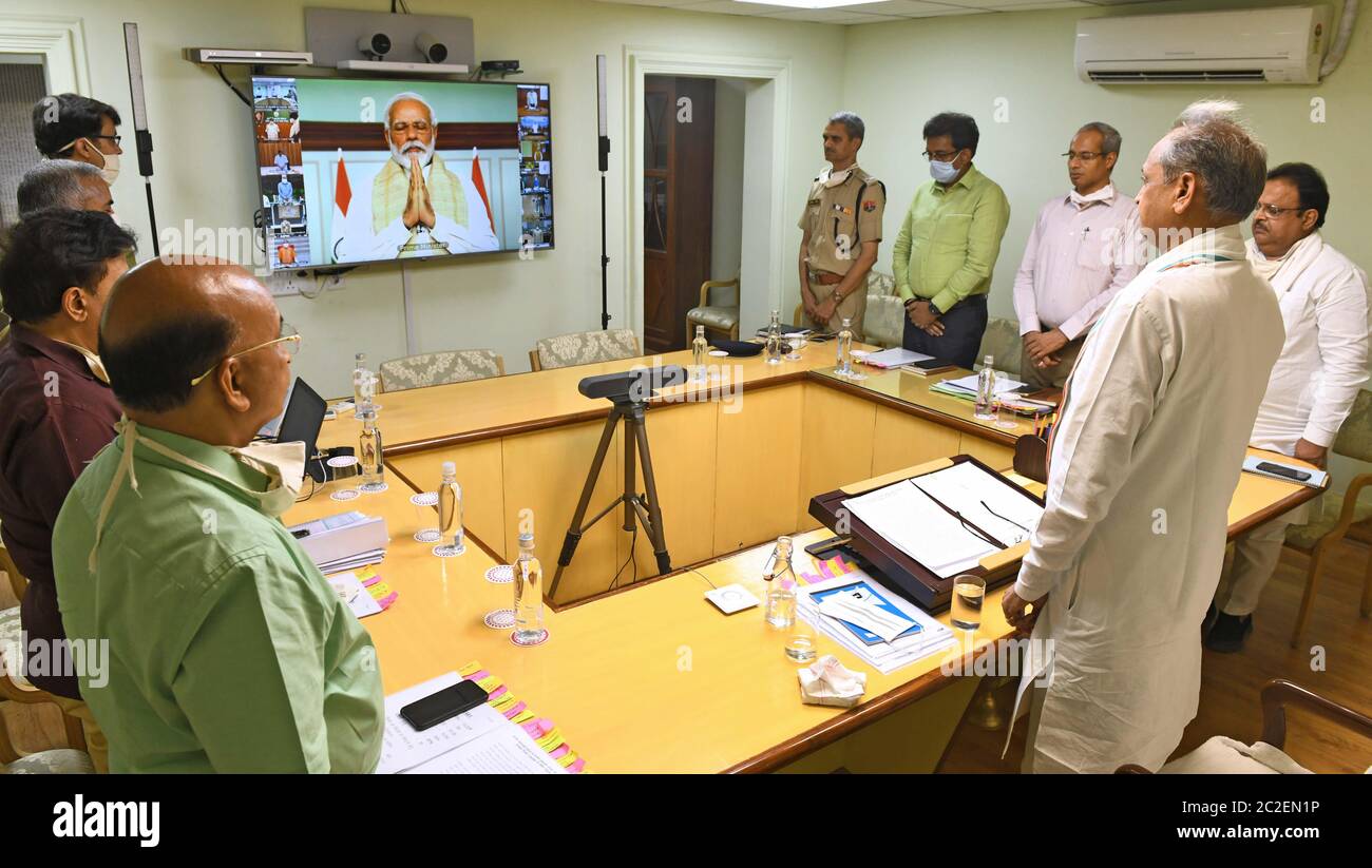 Jaipur, Rajasthan, India - June 17, 2020: Prime Minister Narendra Modi folds his hands in solidarity for the sacrifices of soldiers along the border with China, during an interaction with Rajasthan Chief Minister Ashok Gehlot, other CMs and representatives of 14 states and the union territory of Jammu and Kashmir on COVID-19 preparedness via video conferencing, in Jaipur. Credit: Sumit Saraswat/Alamy Live News Stock Photo
