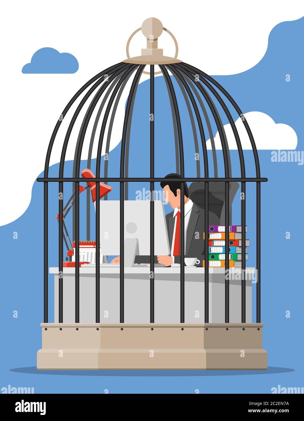 Businessman working on computer in the bird cage. Overworked business man in jail. Stress at work. Bureaucracy, paperwork, deadline and paperwork. Vector illustration in flat style Stock Vector