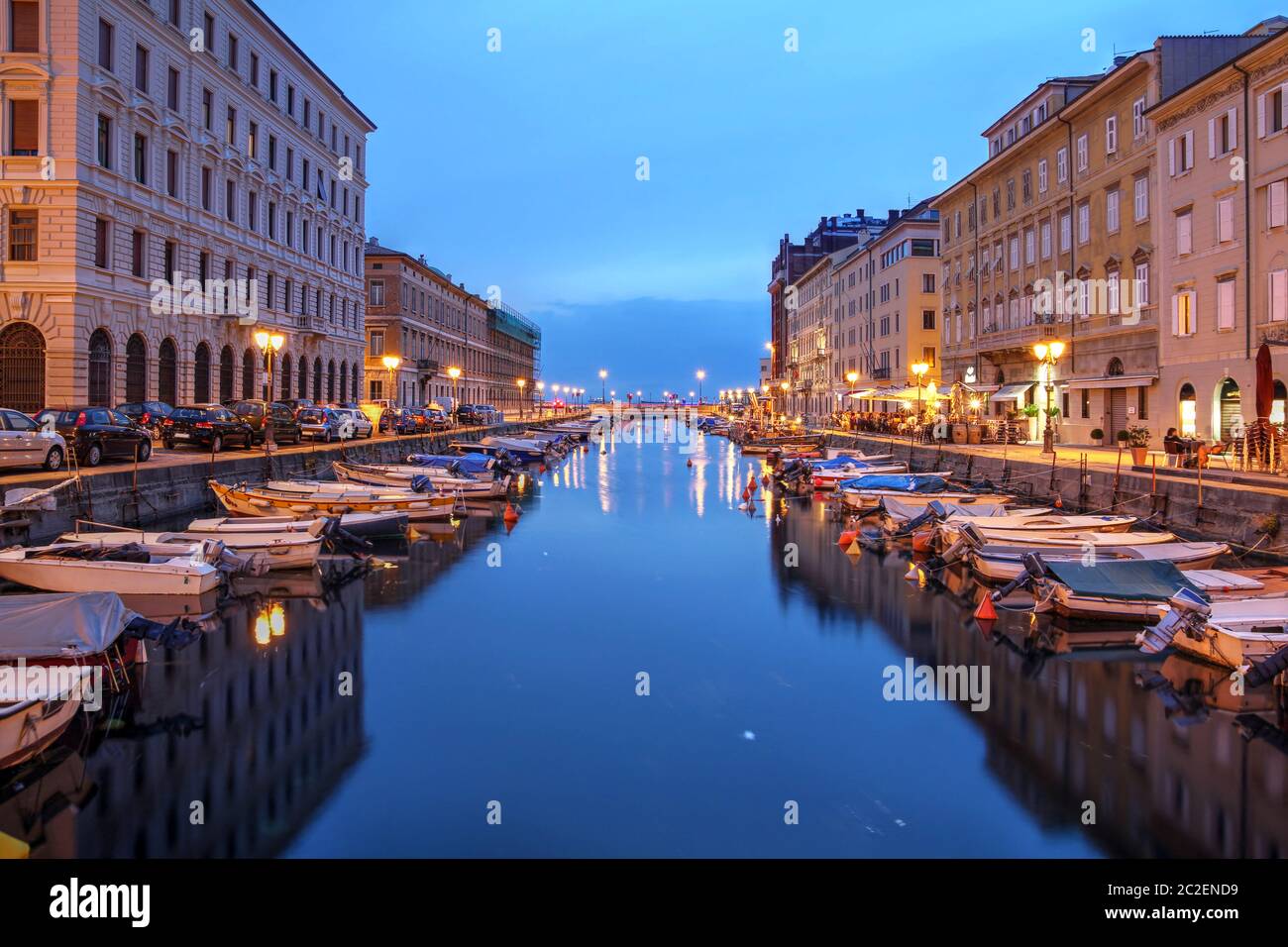 Scenic view of the Canal Grande in Trieste, Italy at night. Stock Photo