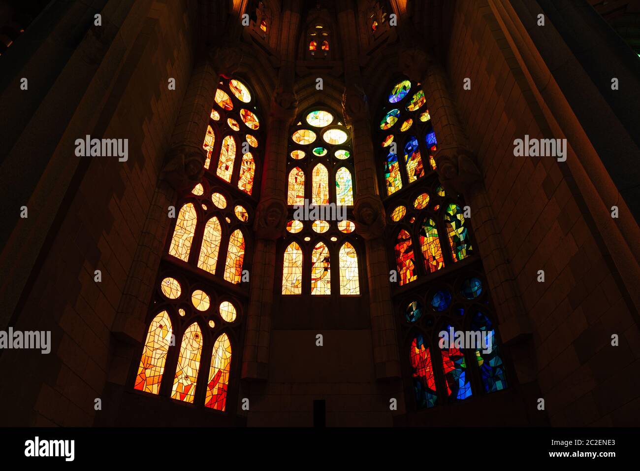 Stained windows from inside the Sagrada Familia in Barcelona, Spain. Stock Photo