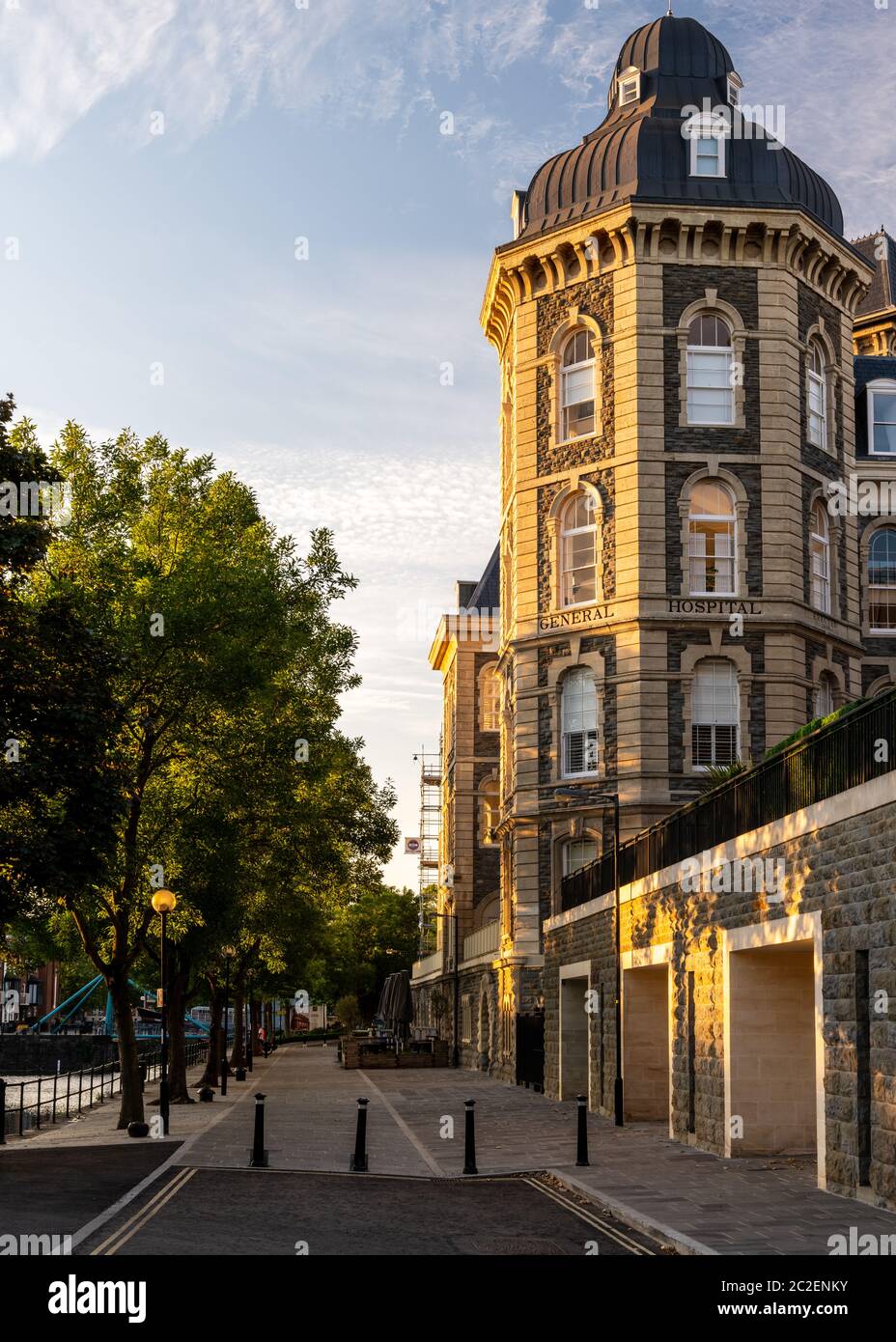 Evening light shines on the old Bristol General Hospital building, now