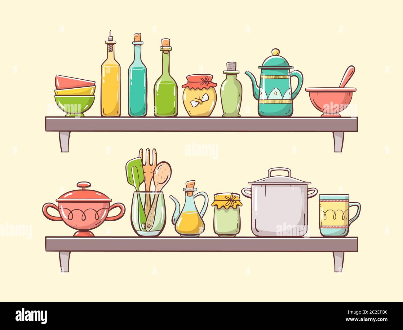 Kitchen supplies on shelves. Two shelves with bowls, bottles, a teapot, a  cooking pot and other kitchenwares. Hand drawn vector illustration isolated Stock Vector