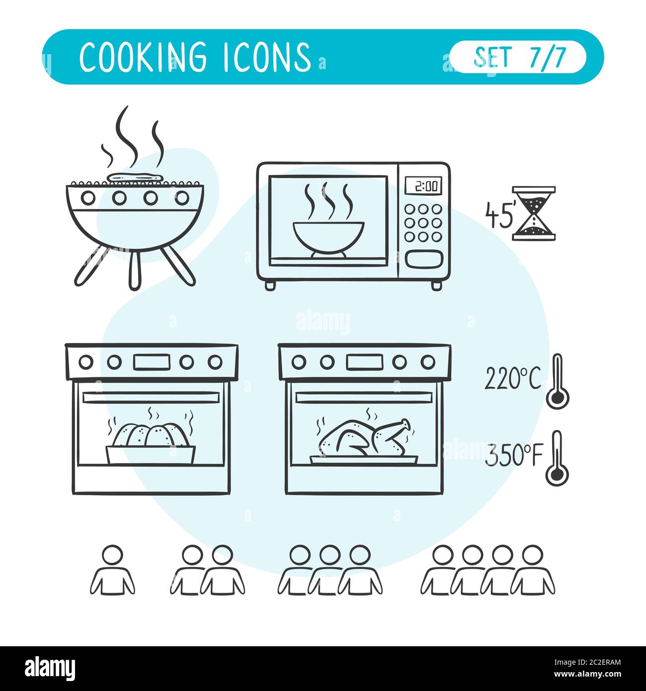 Cooking instructions icon set. Very useful to explain cooking recipes. Doodle style. Seventh part of seven images full collection. Stock Vector