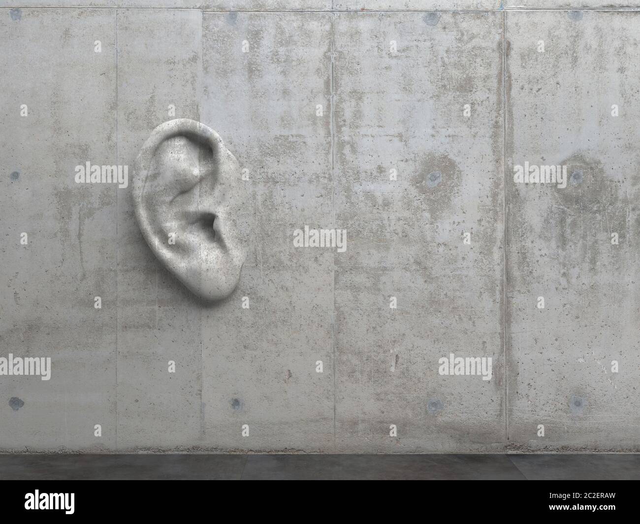 Cement sculpture in the shape of a human ear on a concrete wall. Illustration of the metaphor 'Even walls have ears.' Creative conceptual modern art w Stock Photo
